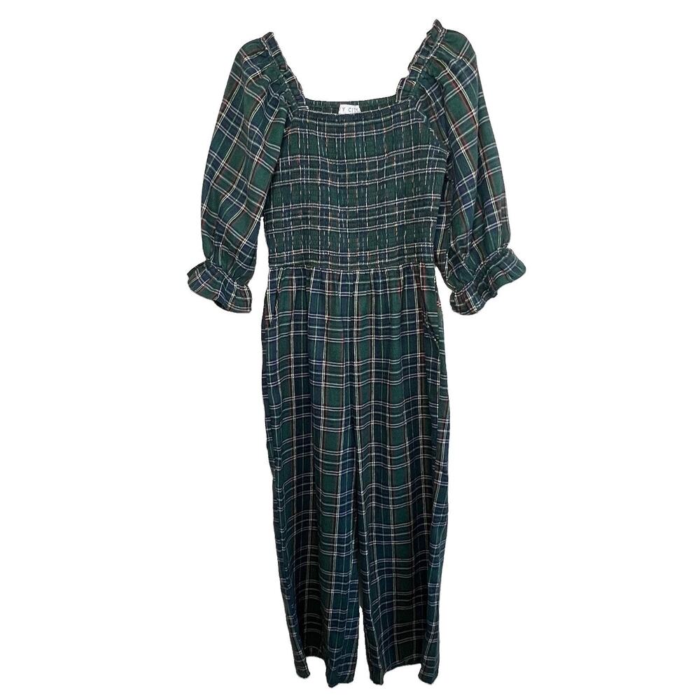 Ivy City Co Madeline Green Plaid Jumpsuit Medium Smocked Holiday Preppy Ae17